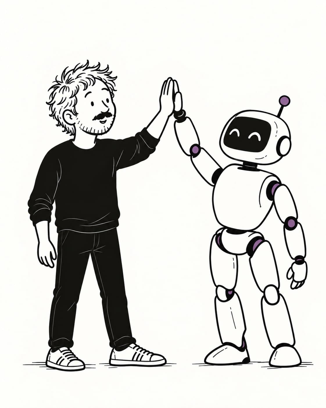 Software professional high-fiving a friendly AI robot.