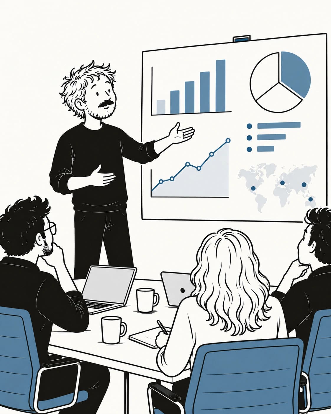 Business intelligence specialist presenting dashboards and data visualizations to a team.