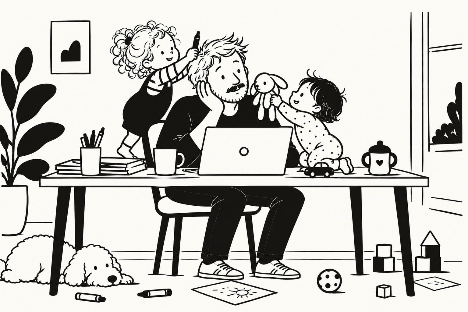 Person building an application at home while spending time with family.